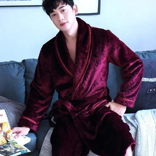 Plus Size Men Cashmere Bathrobe Long Robe Coat Shawl Bathrobe Absorbent and Quick-drying Home Clothes