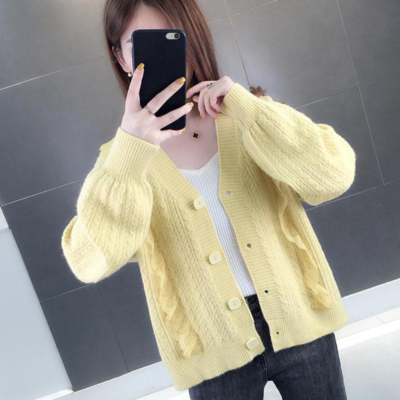 Autumn and Winter Thick Solid Color Sweater Loose V-neck Knitted Top Cardigan Casual Female Jacket