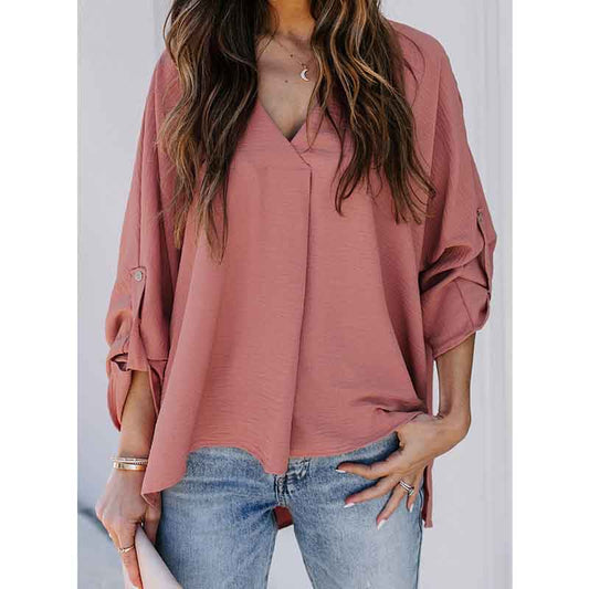Chiffon Shirt Women's Spring and Summer Sexy V-neck Loose Large Size Shirt Fashion Long-sleeved Top