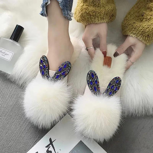 Furry Slippers Flat-bottomed Casual Wear Women's Shoes Artificial Rabbit Fur Cotton Slippers Women's Temperament Women's Shoes Moccasins