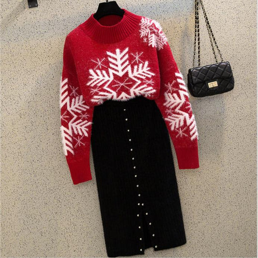 Autumn and Winter Sweater Set Women Snowflake Print Sweater and Mohair Bodycon Skirt Two-piece Set Ladies Christmas Sweater Set