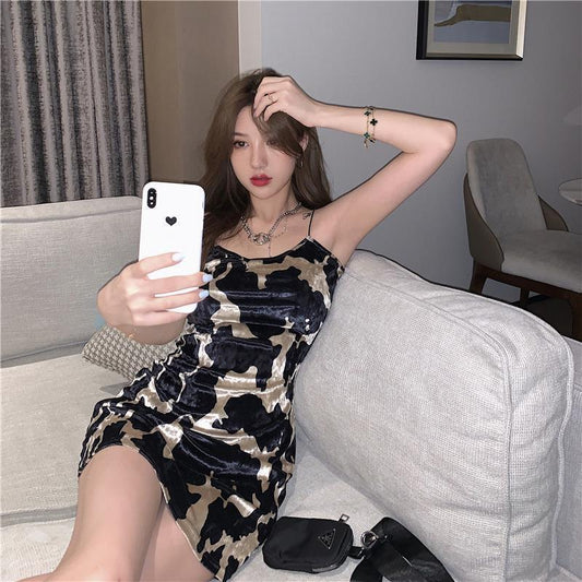 Female Spring and Summer Simple Print Skirt Elegant Slim Short Personalized Cow Pattern Suspender Hip Party Dress
