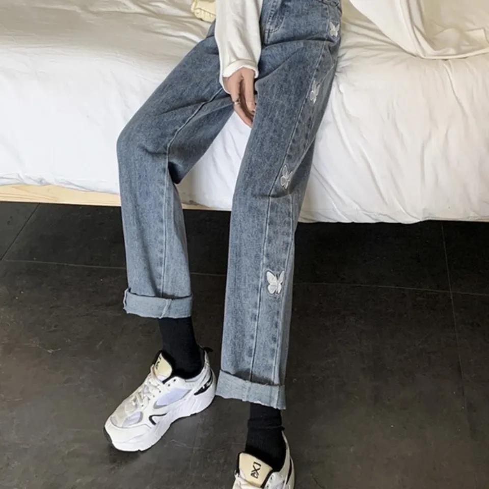 Jeans Butterfly Embroidered Straight Pants Loose 2022 Wide Leg Pants High Waist Thin Versatile Trendy Ins