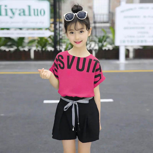 Girls Summer Suit Fashion Short-sleeved T-shirt Lace-up Shorts Cool Breathable Sweat-absorbing Comfortable Skin-friendly Children's Two-piece