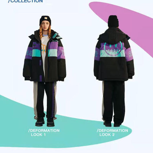 Devil Jacket Contrast Color Stitching Embroidery Velcro Drawstring Warm Casual Down Jacket Men and Women The Same Loose Travel Jacket