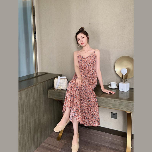 Floral Sling Skirt Cute Sweet Girl V-neck Mid-length Dress Sleeveless