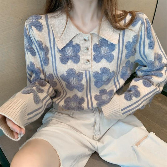 Autumn Winter Design Sense Long-sleeved Wild Loose Jacquard Three-dimensional Flower Knitted Top Women
