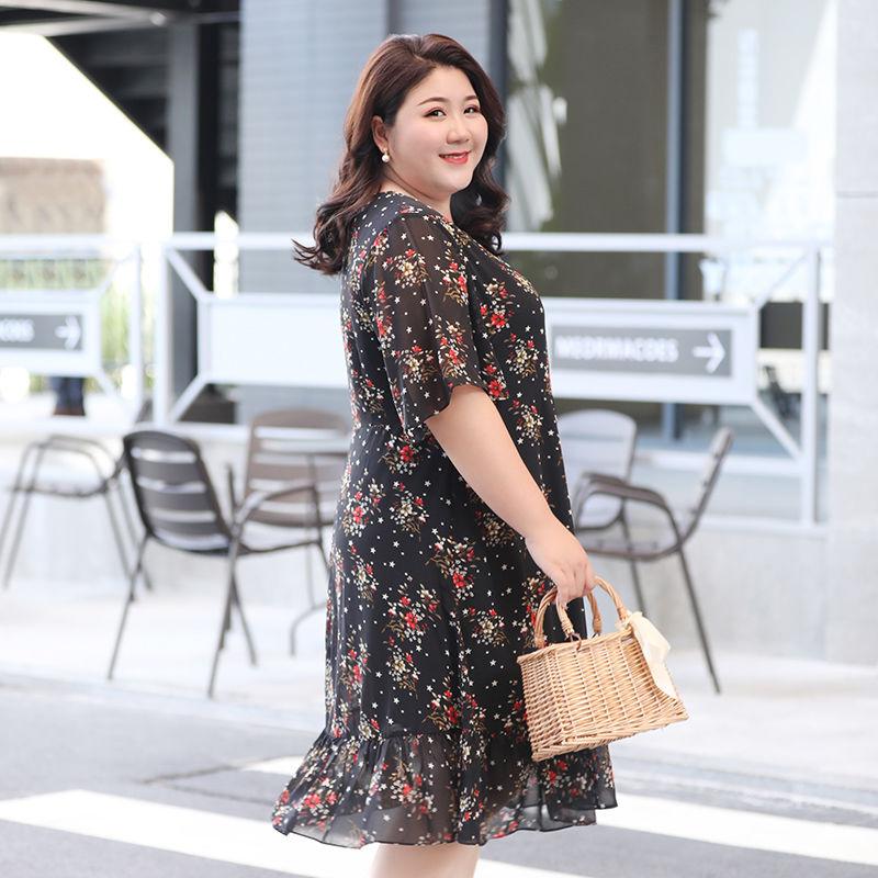 Large Size L-XXXXXL Women's Summer Dress Chiffon Veil Short Sleeve V-Neck Floral Lightweight and Breathable