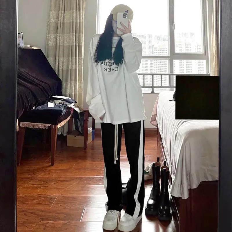 Black Bend Track Pants Women Loose Spring and Autumn Side Stripes Straight Casual Pants High Waist Pants Drape Wide-leg Pants