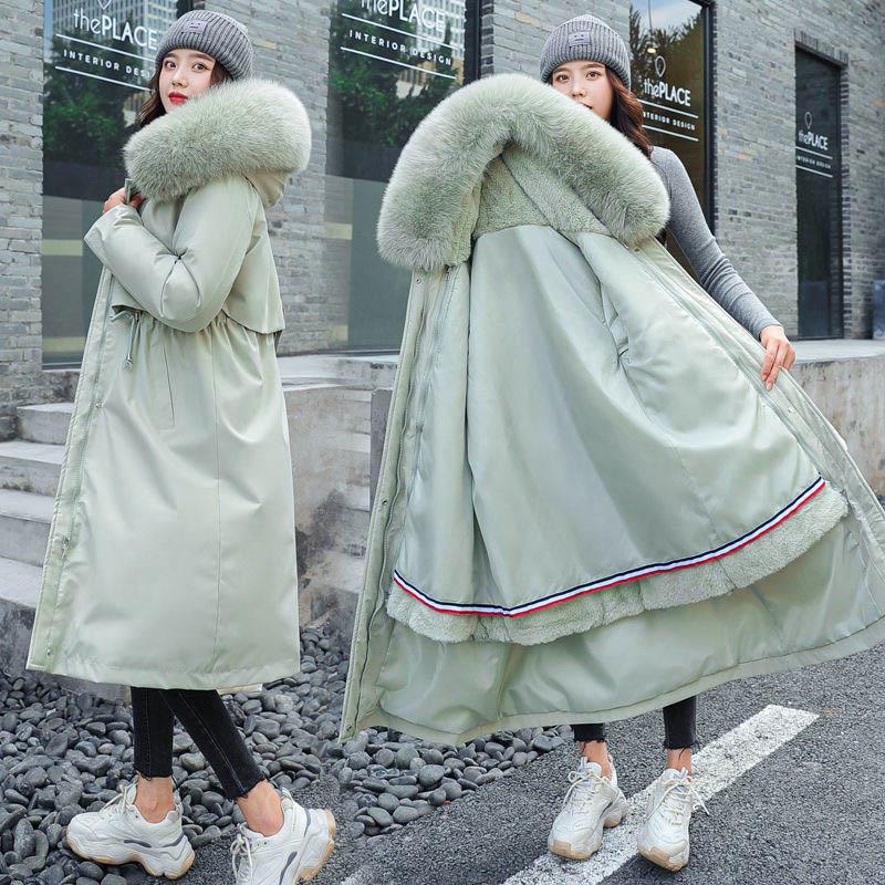 Detachable Overcoming Women's Mid-length Over-the-knee Large Fur Collar Slim-fitting Plus Velvet Padded Coat Loose One-coat Three-wear