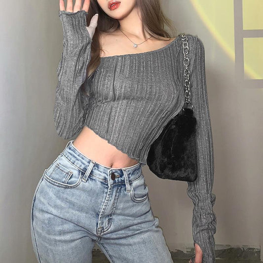Spring, Summer and Autumn Women's Solid Color Slim Fit Cropped Navel Fashion Irregular Slanted Shoulder Long-sleeved T-shirt
