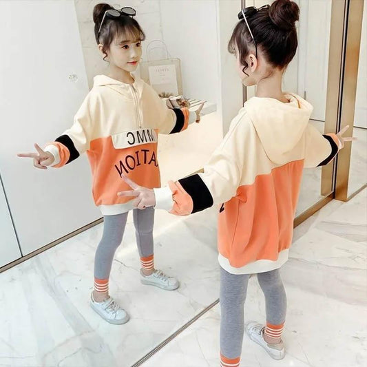 Girls Spring and Autumn Sports Suits Printed Contrast Color Splicing Pullover Long Sleeve Top Casual Loose Trousers Two-piece Set
