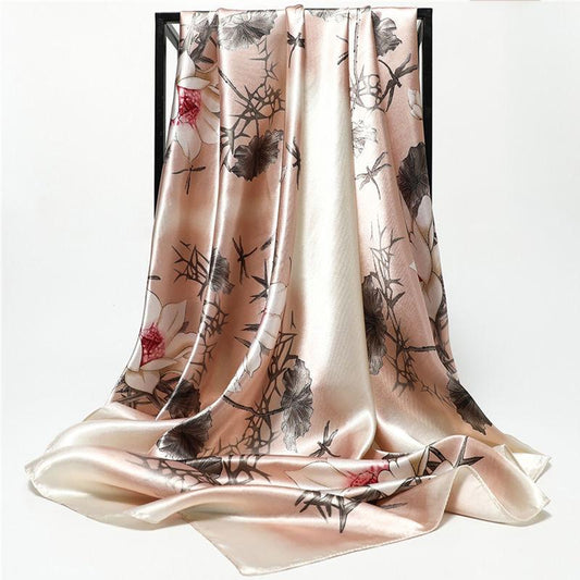 Flower Wrap Shawl Square Silk Imitation Satin Women Elegant Scarf All-match Headscarf Sunscreen Gauze Shawl