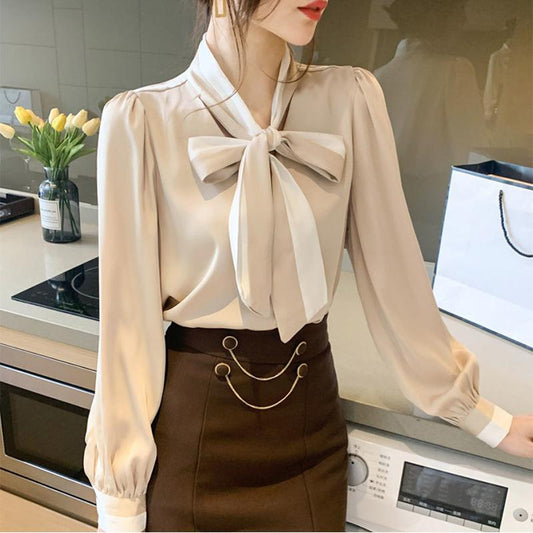Bow Professional OL Shirt Women's Long-sleeved Top Chiffon Shirt