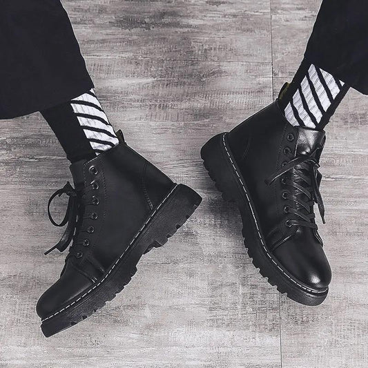 Men's Black Martin Boots Mid-British Thick-soled Men's Boots Korean Style Trendy All-match High-top Leather Shoes