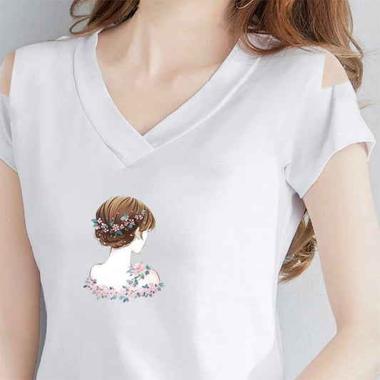 Summer Thin Off-the-shoulder T-shirt Black Short-sleeved T-shirt Women's Leak-shoulder One-word V-neck Top Korean Version Slimming Bottoming Shirt