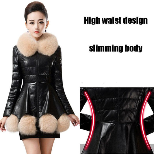 Women's Leather Coat Thickened Warm Fur Coat Winter Slimming Faux Sheepskin Coats with Fox Fur Collar Female Overcoat Outerwear
