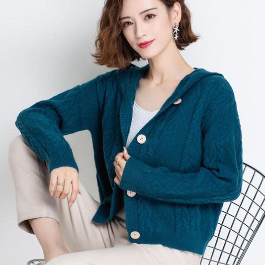 Autumn and Winter Knitted Hoodie Cardigan Short Loose Top Simple Solid Color Female Jacket