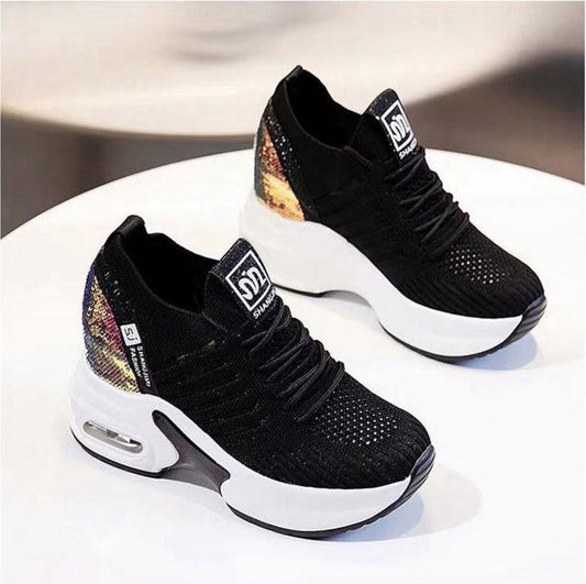 Platform Women Casual White Shoes 8cm Heels Summer Womens Casual Sneakers Breathable Mesh Shoes