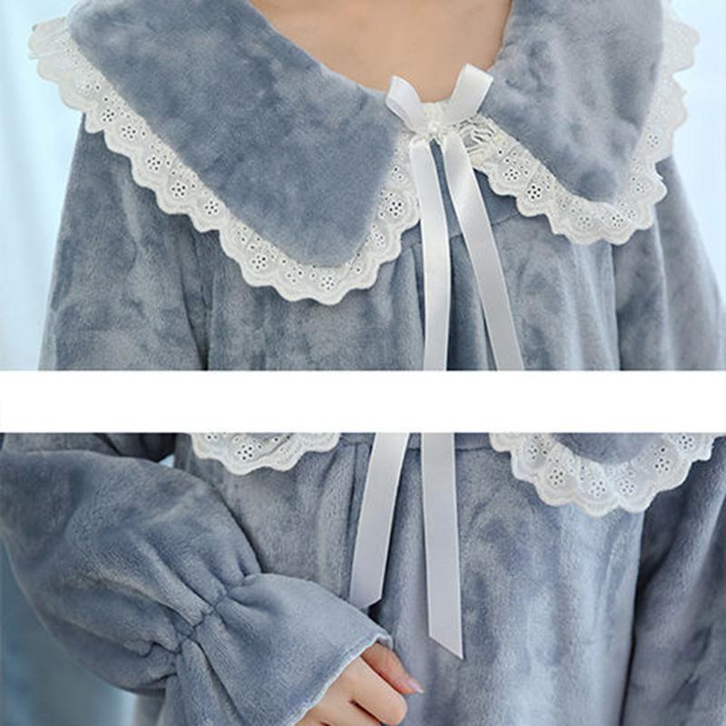 Flannel Nightdress Women Thick Coral Fleece Pajamas Women Long Sleeves Sweet and Cute Princess Style Large Size Loose Home Service