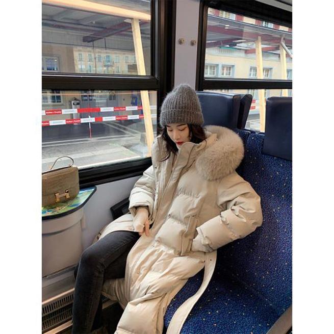 Winter Fluffy Big Fur Collar Down Jacket Long Over-knee Warm Cotton Jacket with Stand-up Collar Hooded Long Cotton Jacket Winter Thick Warm Jacket