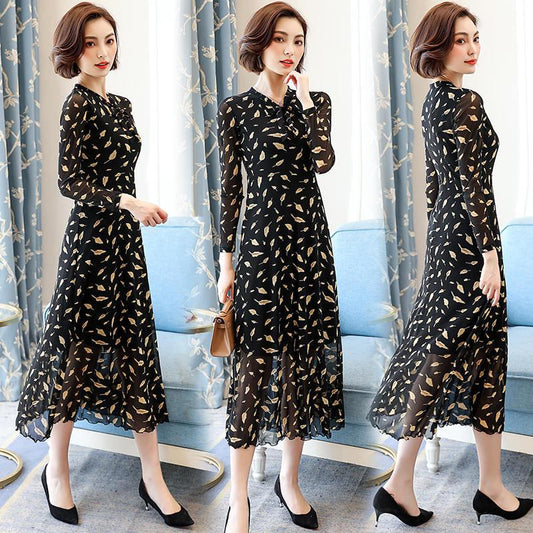 Fashion mesh yarn floral skirt spring and autumn woman long dress long sleeve dress women