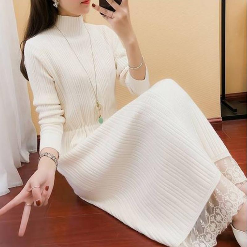 Long Sweater Dress Over The Knee Thickening New Women's Half High Neck Lace Stitching Lace Knitted Dress