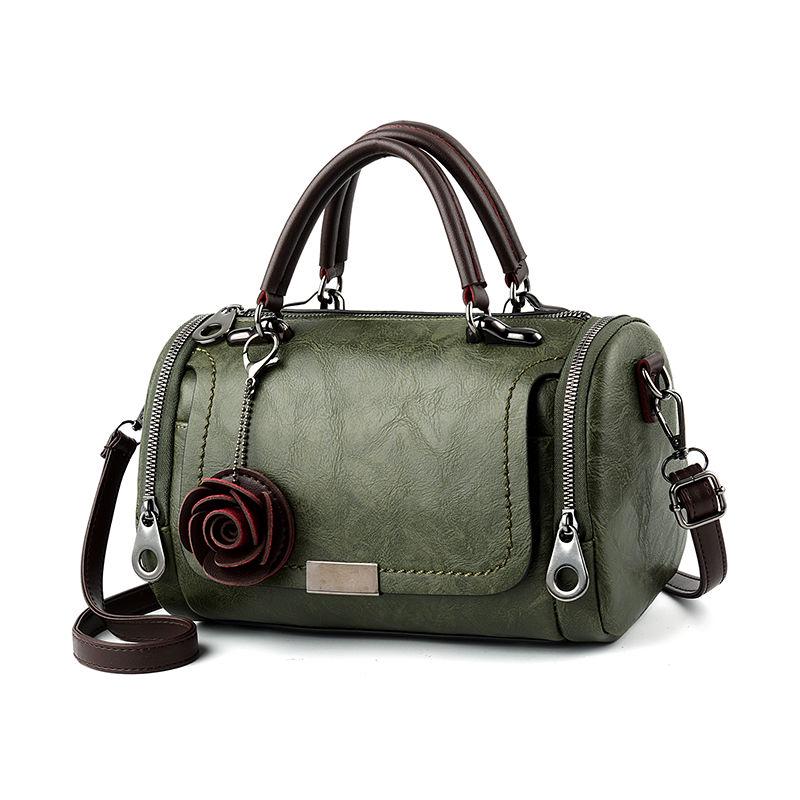 Top-handle Bag Women Handbag Retro Leather Shoulder Handbag Portable Pillow Bag with Rose Pendant