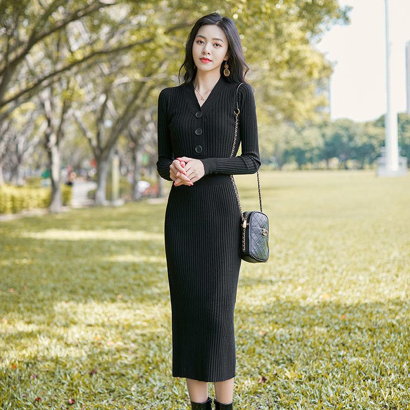 Autumn and Winter Fashion Padded V-neck Ladies Dress Mid-length Over-the-knee Bag Hip Skirt Bottoming Knit Sweater Skirt