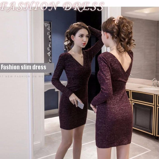 Autumn and Winter Knitted Dress Women V-neck Sexy Wrap Sweater Dress Shiny Bodycon Dress