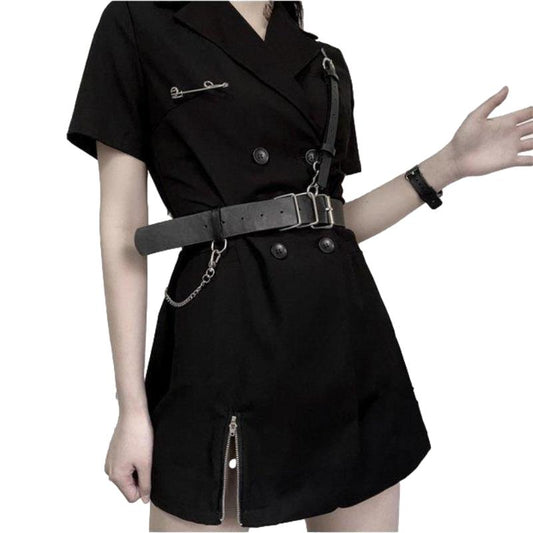 Cool Girl Black Belt Dress Women's Summer Dress Short Sleeve Turn-down Collar Knee-length Daily Wear Office Dating Party
