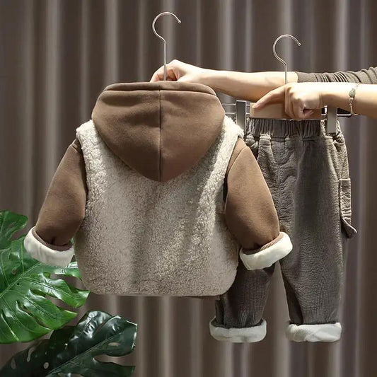 Boys Plus Velvet Padded Suit Autumn and Winter Baby Lamb Cashmere Vest Three-piece Children's Winter Clothing Trend Cute Cotton Clothing