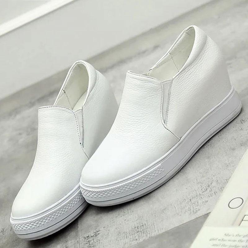 Women's 8cm Height-increasing White Shoes Single Shoes Real Cowhide Thick-soled Pedal Lazy Casual Shoes Flat-bottomed High-heeled Shoes for Students