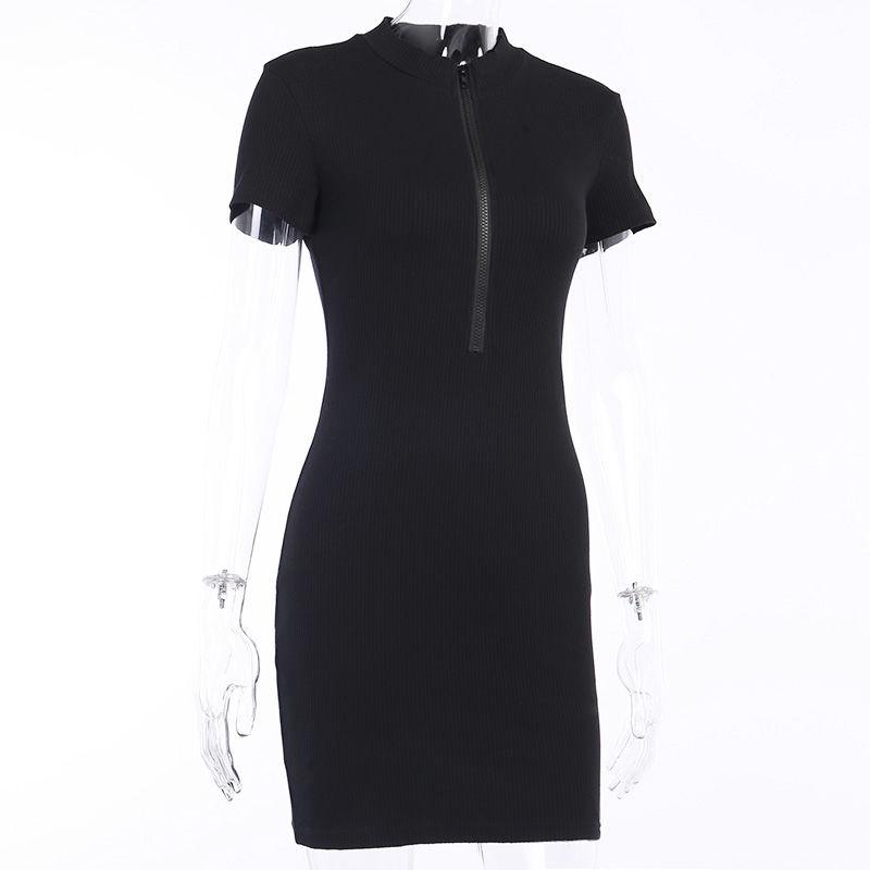 Women Summer Fall Bodycon Ribbed Dress Stand Collar Zipper Deep V-neck Solid Stretch Bodycon Pencil Party Mini Dress
