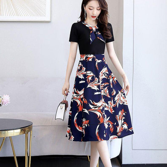 Women Summer Vintage Short Sleeve Floral Printed Casual Dress Slim High Waist Light Ripe Wind Chiffon Split Dress