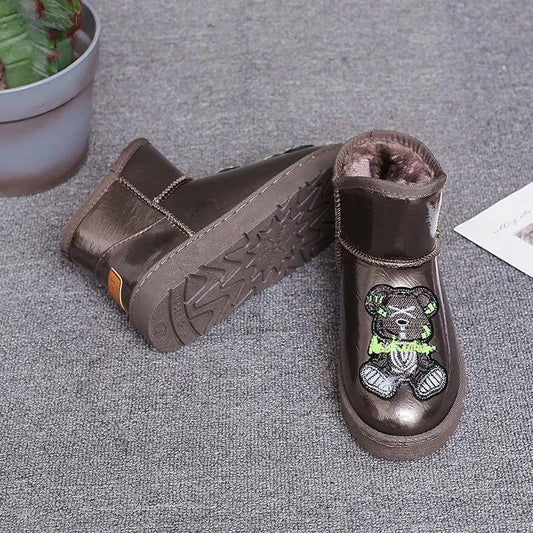 Women's Patent Leather Waterproof Snow Boots Women's Thick Cotton Shoes Winter Plus Velvet Non-slip Short Boots