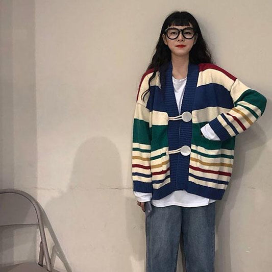Spring and Autumn Outer Wear Knit Sweater Long-sleeved Blouse Women Wild Korean Loose Lazy Wind Coat Sweater