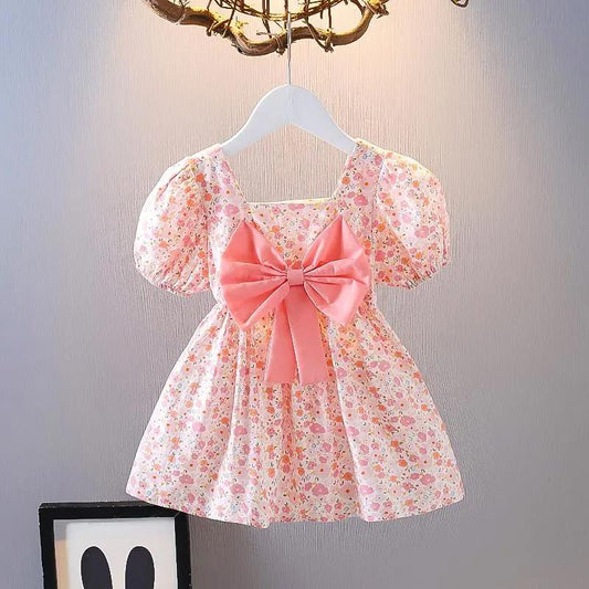 Girls Summer Dress Children's Skirt Sweet Princess Dress Bow A-line Short Sleeve Dress Fabric Lightweight Breathable