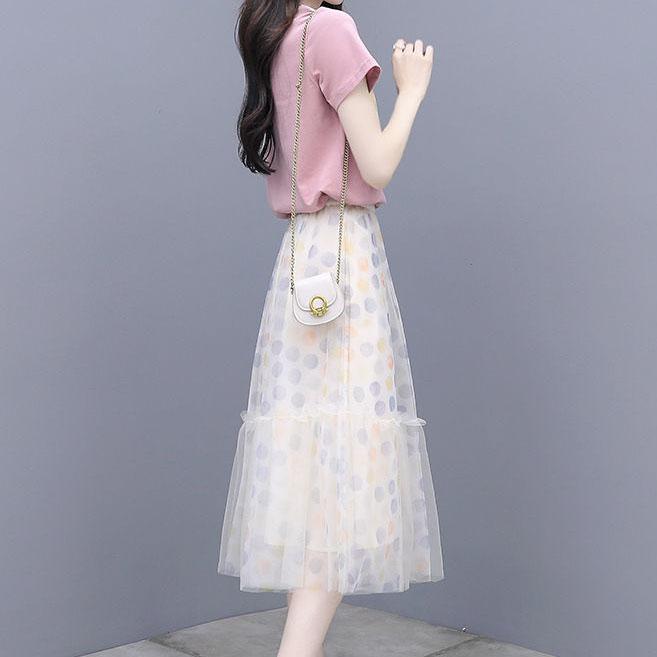 Women Summer 2 Pieces Skirt Set Pink Short Sleeve Pattern Print T-shirt & High Waist Dot Print Mid-length Pleated Skirt Lady Casual Skirt Suit