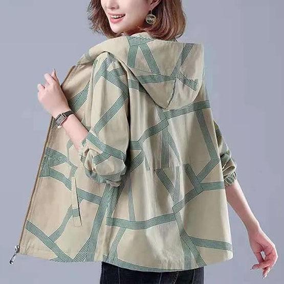 Women's Spring and Autumn Large Size Short Coat Loose Printed Zipper Jacket Female Long Sleeve Casual Hooded Coats