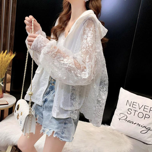 Lace Embroidered Sunscreen Ladies Summer Mesh Splicing Thin Hooded Short Cardigan Top
