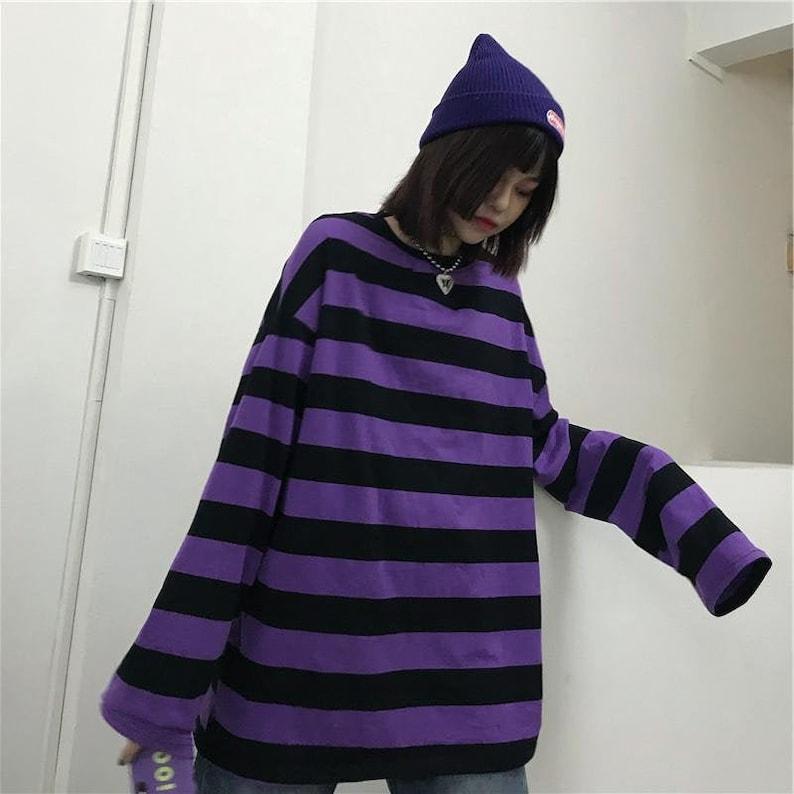 Purple Striped Goth Long Sleeve Emo Scene EGirl Shirt 2000s Oversized Long-Sleeve Lil Peep Street Gothic Fashion TikTok Harajuku Punk Outfit