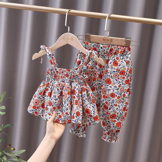 Girls' Summer Suits Children's Dots Net Red Western Style Summer Slings Short-sleeved Two-piece Suits
