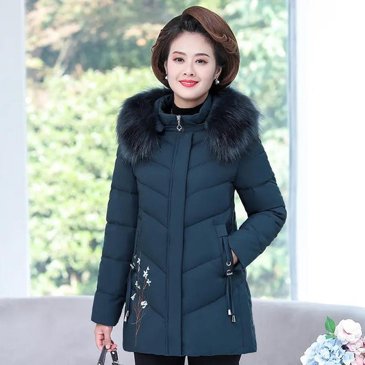 Middle-aged and Elderly Cotton-padded Mothers Wear Winter Western-style Women's Padded Jacket with Large Fur Collar Thick Embroidered Jacket