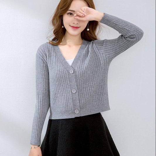 Spring and Autumn Knitted Cardigan Sweater Short Slim All-match Top Solid Color Long Sleeve Women's Jacket