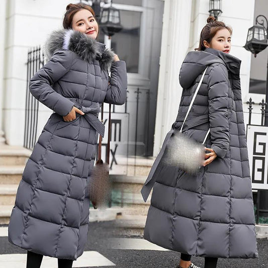 Lace-up Long Cotton-padded Jacket Women's Knee-length Thick Warm Fur Collar Hooded Down Cotton Jacket