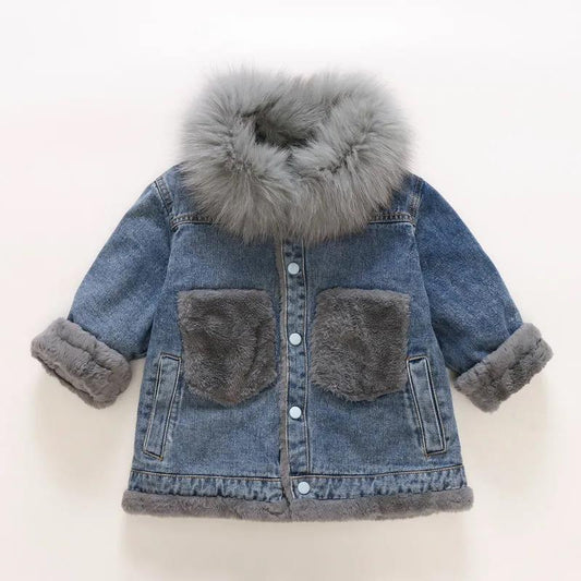 Girls Denim Warm Coat Winter Korean Children's Winter Clothes Fleece Padded Windproof Jacket