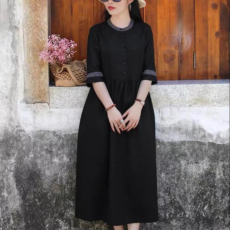 M-XXXXL Plus Size Ethnic Style Dress Linen Print Retro Cheongsam Round Neck Button Closure Dress with Belt