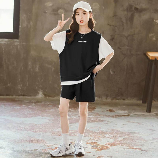 Girls Summer Breathable and Comfortable 12-year-old Girl Short-sleeved Shorts Sports Pants Two-piece Loose Casual Suit