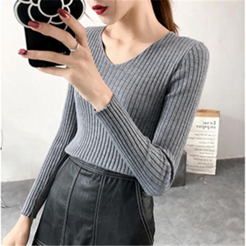 Autumn Winter V-neck Bottoming Shirt Sweater Women's Slim Was Thin Wild Pullover Sweater
